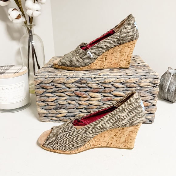Toms Brown Metallic Herringbone Peeptoe Cork Wedges Size 9W - Picture 3 of 5